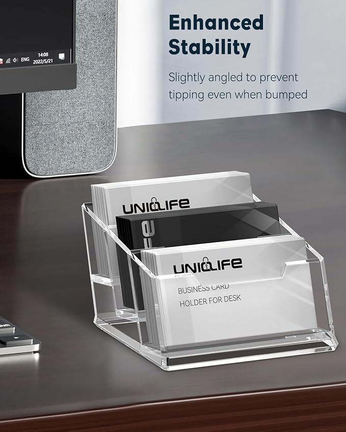 Uniclife Acrylic Business Card Holder for Desk 3 Slots Clear Business Card Display Stand for Men & Women Desktop Business Card Organizer Card Stand for Office Home Exhibition, 180 Card Capacity-DeskLoop Office