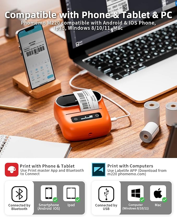 Phomemo M220 Label Maker, New Flagship Barcode Printer, 3.14 '' Bluetooth Thermal Label Printer, for Address, Mailing, Files,Small Printer Compatible with Android, iOS,with 3 Label, 80mm-DeskLoop Office