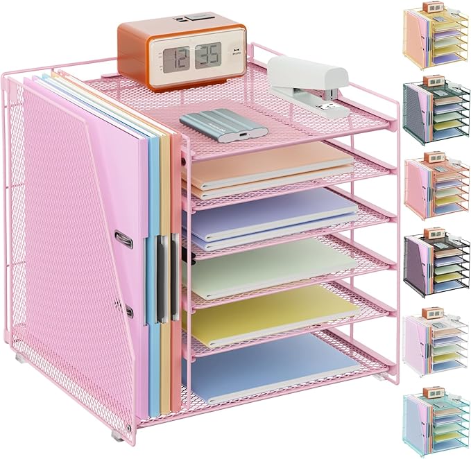 gianotter Desk Organizers and Accessories, 6-Tier Paper Organizer with Magazine rack, File Organizer for Desk, Desk Organizers for Women, Pink Office Decor (Pink)-DeskLoop Office