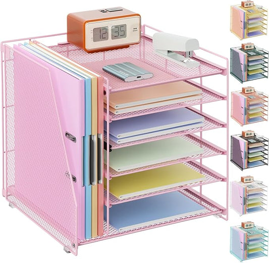 gianotter Desk Organizers and Accessories, 6-Tier Paper Organizer with Magazine rack, File Organizer for Desk, Desk Organizers for Women, Pink Office Decor (Pink)-DeskLoop Office