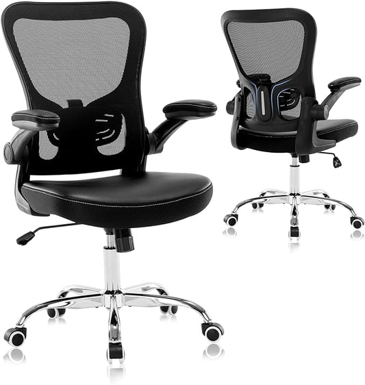 Office Chair, Mesh Ergonomic Desk Computer Chair with PU Leather Flip-up Armrest, Home Task Chair with Lumbar Support, Adjustable Executive Mid Back, Rolling Swivel,Black-DeskLoop Office