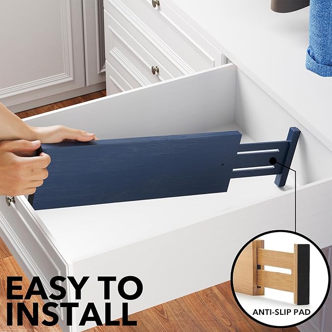 SpaceAid Bamboo Dresser Drawer Dividers 6 Pack, 4.65“ High Adjustable 17“-22” Drawer Organizers, Expandable Organization for Clothing, Clothes, Dressers, Navy Blue-DeskLoop Office