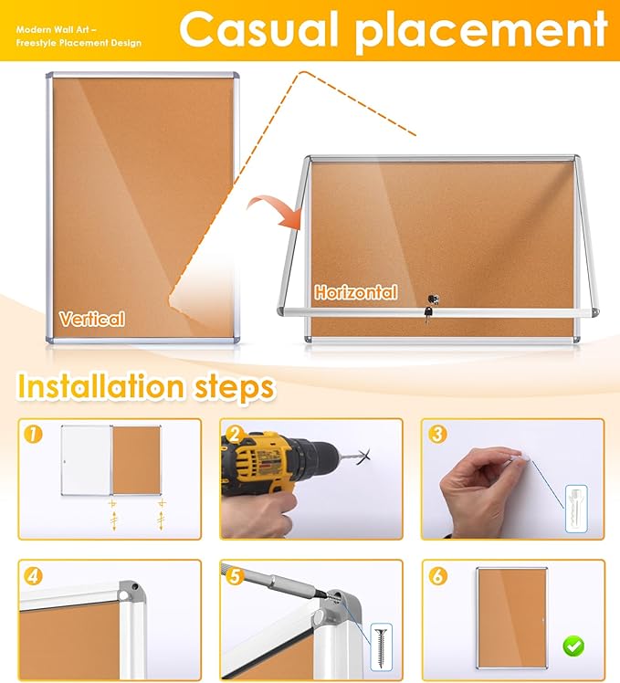 SWANCROWN Enclosed Bulletin Board 36x24 in, Tamperproof Lockable Cork Board Wall Display Case for Office School Home, Aluminum Frame-DeskLoop Office