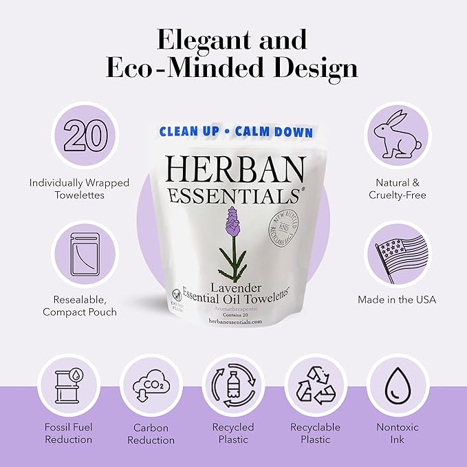Herban Essentials - Lavender Wipes & Towelettes - Essential Oil Wipes for Make Up, Hands, Face & Body - Travel Size Essentials and Toiletries - Natural, Individually Wrapped and Disposable (20 count)-DeskLoop Office