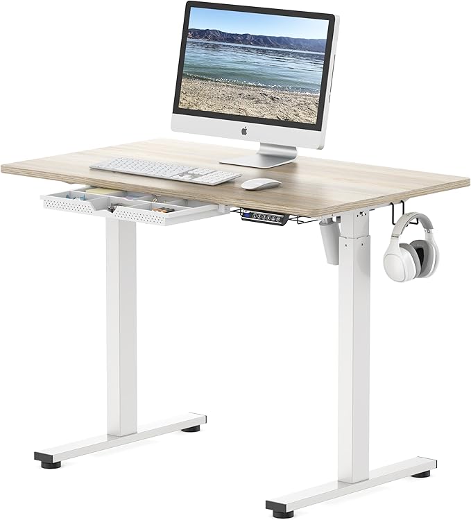 SHW 40-Inch Electric Height Adjustable Standing Desk with Drawer, Memory Preset and Cable Management Tray, Maple-DeskLoop Office