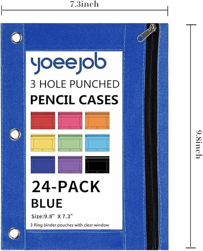YoeeJob Binder Pouches for 3 Ring Binder, Pencil Pouch Pen Holder Case with Clear Window, Zipper Stationery Bag for School Class Office,24 Pack, Blue-DeskLoop Office