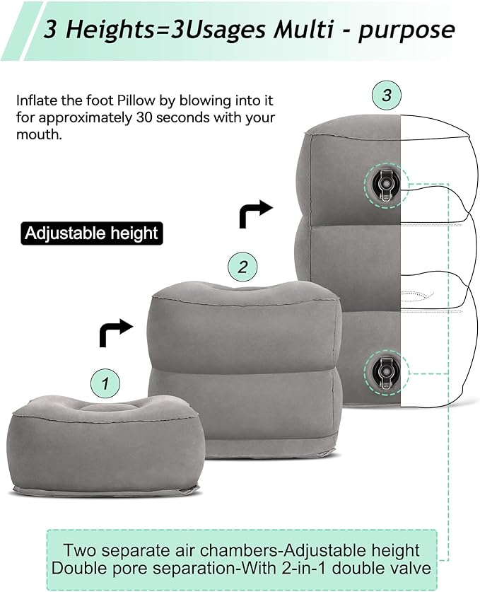 JefDiee Inflatable Foot Rest Pillow, Kids Airplane Bed, Adjustable 3 Layers Height Leg Rest Pillow, Airplane Travel Essentials Great for Office, Home, Trains, Cars-DeskLoop Office