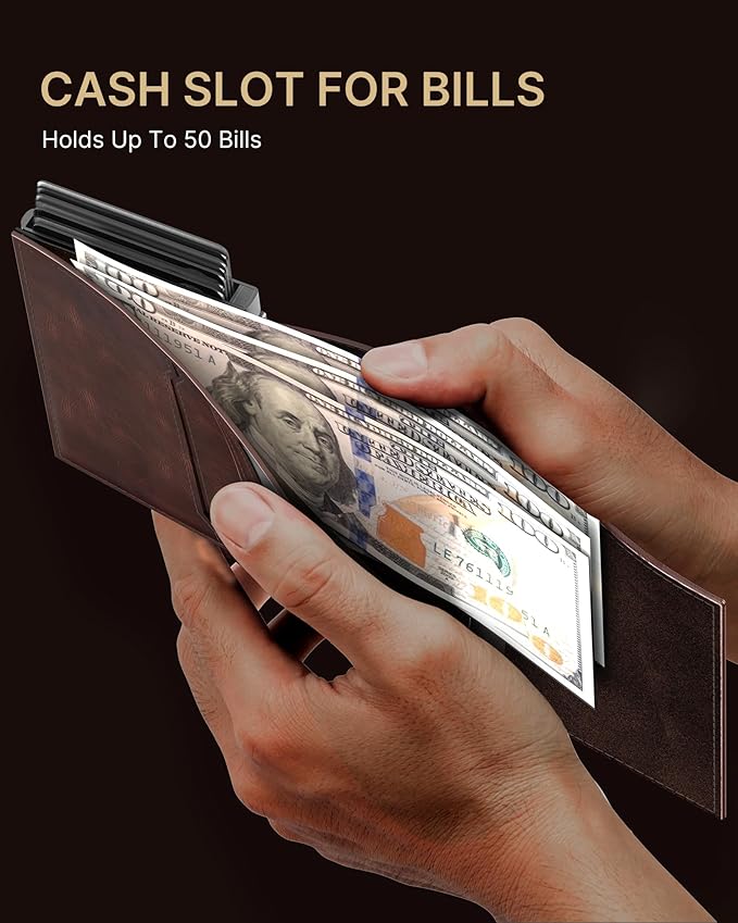 typecase Mens Wallet Card Holder: Pop Up Aluminum Case, Genuine Leather, Smart, RFID Blocking, Slim, Minimalist, Front Pocket - 9-14 Card Capacity | ID Window | Cash Slot - Oil Wax Brown-DeskLoop Office