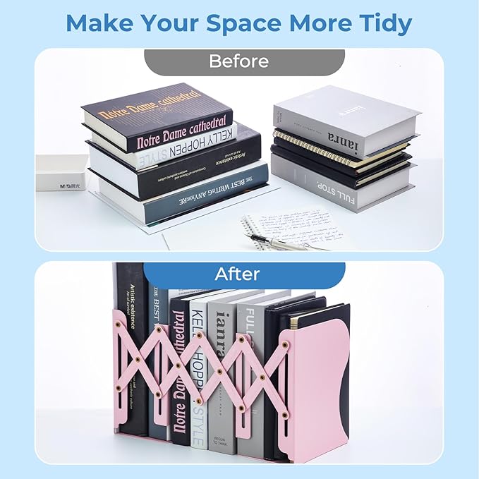 M&G Adjustable Bookends Book Ends for Shelves, Metal Bookend for Heavy Books, Desk Magazine File Organizer Holder Extends up to 20in, Book Stopper for Home, Office, Classroom (Pink)-DeskLoop Office