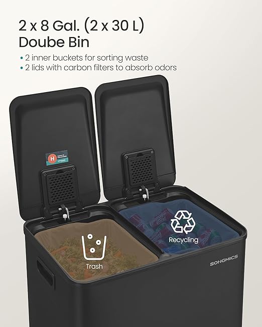SONGMICS Trash Can, 2 x 8 Gallon (2 x 30 L) Dual-Compartment Garbage Can with Soft-Close Lid, Pedal and Inner Buckets, Stainless Steel, Includes 15 Liner Bags, Ink Black ULTB741B01-DeskLoop Office
