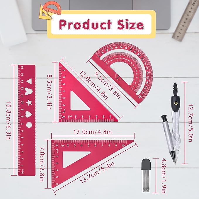 6 Pcs Metal Geometry Set, Math Geometry Kit, Metal Ruler Set and Compass Geometry Tool, Rulers Protractor and Compass Set for Student School and Drawings Supplies (Red)-DeskLoop Office