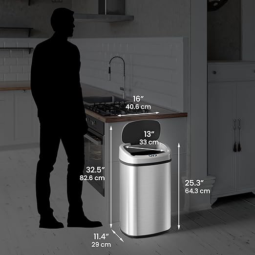 iTouchless 13 Gallon Stainless Steel Kitchen Trash Can with Sensor 2.0 Tech Touchless Lid and AbsorbX Odor Filter, Oval Slim Space-Saving Automatic Garbage Bin for Home, Office, Business, Restroom-DeskLoop Office