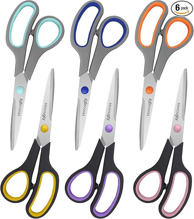 Scissors for Office School Supplies, Hnncugty 8" Scissors All Purpose Bulk Set of 6-Pack, Sharp Shears for Home Craft Sewing Fabric Middle School Student Teacher Supplies, Comfort Right/Left Handed-DeskLoop Office