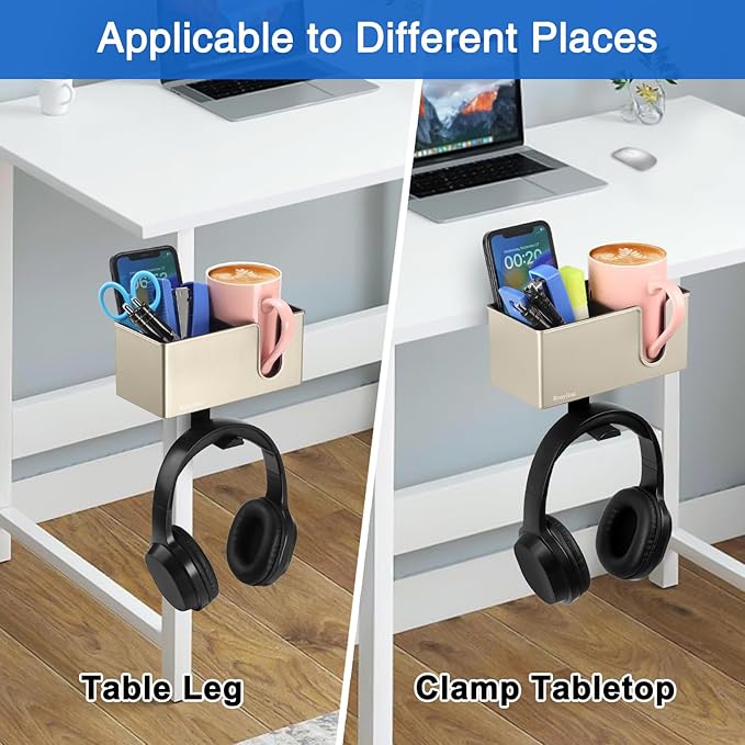 ROSLINE 3-in-1 Clip-on Desk Organizer - Pen, Headphone, and Cup Holder for Expanding Office and Gaming Space (Champagne)-DeskLoop Office