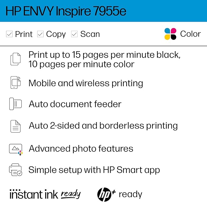HP ENVY Inspire 7955e Wireless Color Inkjet Printer, Print, scan, copy, Easy setup, Mobile printing, Best-for home, 3 month Instant Ink trial included, White-DeskLoop Office