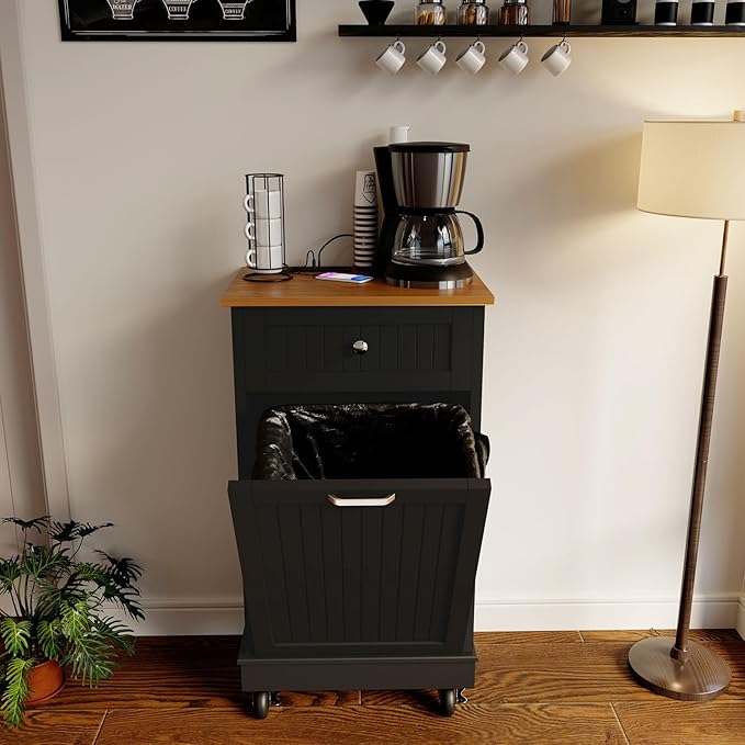 10 Gallon Tilt Out Trash Cabinet, Wooden Kitchen Trash Can Cabinet with Hideaway Drawer, Freestanding Laundry Hamper Garbage Recycling Cabinet on Wheels, Pet Proof, Single, Black-DeskLoop Office