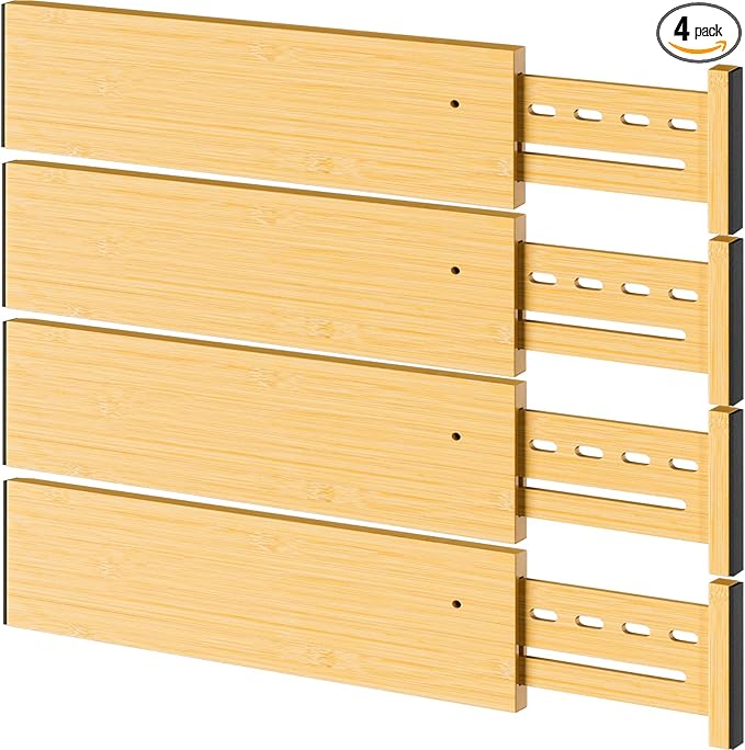 Bamboo Drawer Dividers 4" High, 16.5-22" Adjustable Drawer Organizers for Clothes,Expandable Dresser Separators in Bedroom/Kitchen/Bathroom/Office Organization and Storage,4 Pack-DeskLoop Office