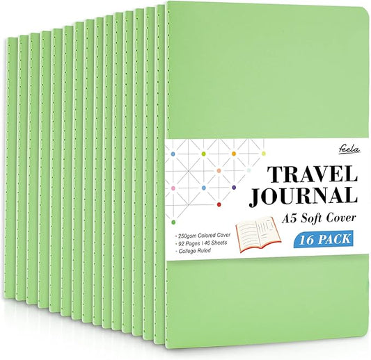 16 Pack Soft Cover Journal Bulk, Feela Lined Notebooks College Ruled for Work for Women Girl Writing, Blank Travel Journal Note Taking Notebook School Business Supplies, 8.2” x 5.5”, A5, Light Green-DeskLoop Office