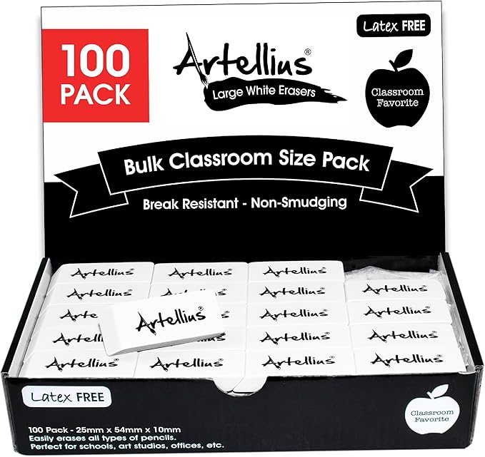 Artellius White Erasers - Large Size Latex & Smudge Free - Bulk School Supplies for Classrooms, Drawing, Teachers, Homeschool, Office, Art Class - Pack of 100 - Teacher Supplies-DeskLoop Office