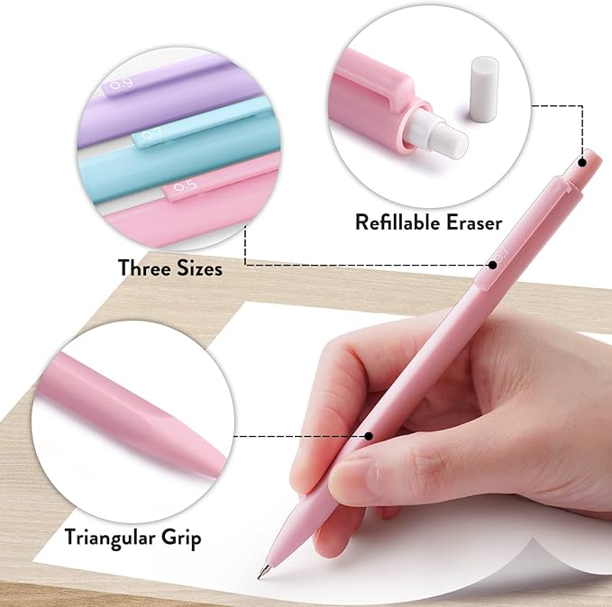 Four Candies Cute Mechanical Pencil Set, 6PCS Pastel Mechanical Pencils 0.5 mm & 0.7mm & 0.9mm with 360PCS Leads, 3PCS Erasers and 9PCS Eraser Refills, Aesthetic Pencils for Girls Writing, Art Drawing-DeskLoop Office