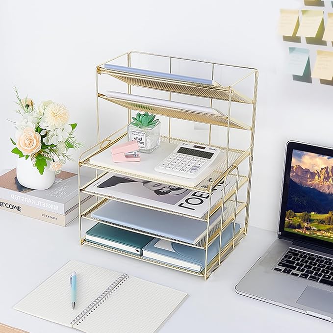 6-Tier Letter Tray Paper Organizer, Desk Organizers and Accessories, Desktop File Organizer, Office Desk Accessories for Office Supplies (Gold)-DeskLoop Office