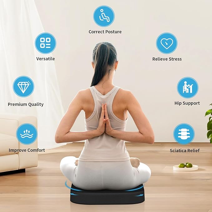 Large Seat Cushion, Soft Foam Cushion for Long Sitting Hours on Office Chair, Home & Car, Non-Slip Chair Pad for Relieving Back & Sciatica & Hip & Coccyx Pain (Black)