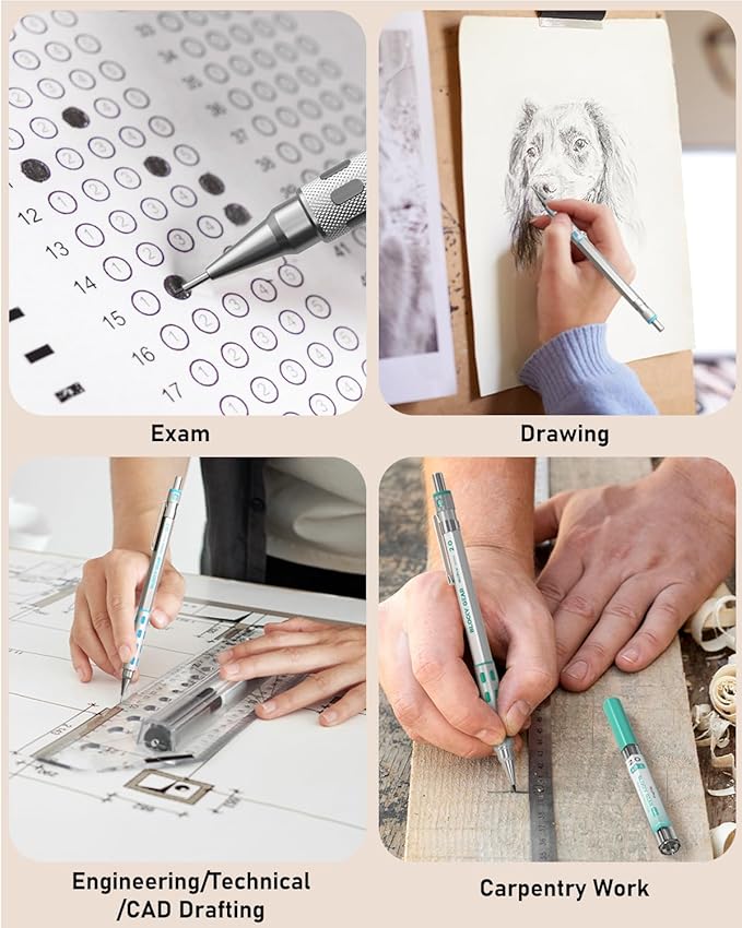 Nicpro Blocky Gear Metal Mechanical Pencil Set with Leather Case, 40PCS Art Drafting Pencil 0.5, 0.7, 0.9 & 2mm Lead Pencil with 352PCS (HB 2H 4H 2B 4B 6B Color) Lead Refills for Sketching Drawing-DeskLoop Office