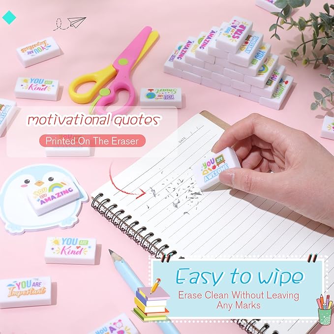 180 Pcs Inspirational Erasers for Kids Christian Pencil Erasers Bulk, Back-to-School Gifts Motivational and Cute Supplies for Students Classrooms, Drawing(White,Inspirational)-DeskLoop Office