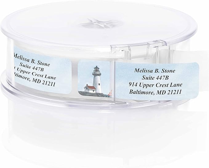 Lighthouse Designer Rolled Name & Address Labels with Elegant Plastic Dispenser-DeskLoop Office