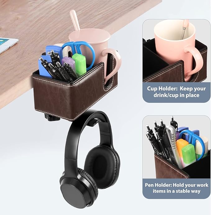 Desk Cup Holder Clip on Pen Holder Headphone Hanger Headset Stand Rotatable Clamp Hook Under Desk (Brown)-DeskLoop Office