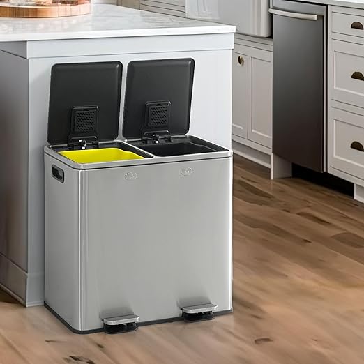 CAPHAUS Dual Trash Can with Double Lid, Trash and Recycle Bins Combo, Hands-free Stainless-Steel Garbage Can for Kitchen, with 2 Compartment, Hinged Lid, Odor Filters, Handles, 25L+25L, 2 x 6.6 Gallon-DeskLoop Office