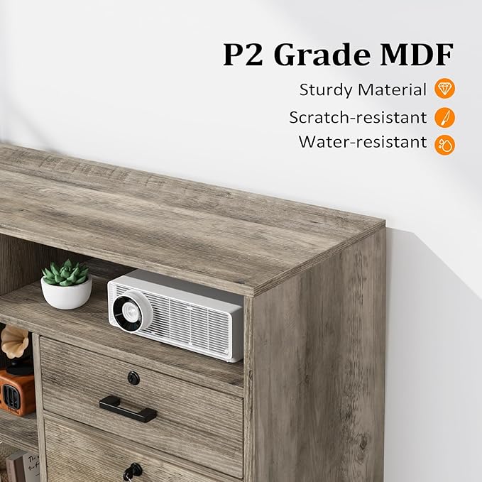 VINGLI Wide 4 Drawer File Cabinet with Lock, Rustic Grey Rolling File Cabinet with Open Shelves, Lockable Printer Stand, Letter Sized-DeskLoop Office