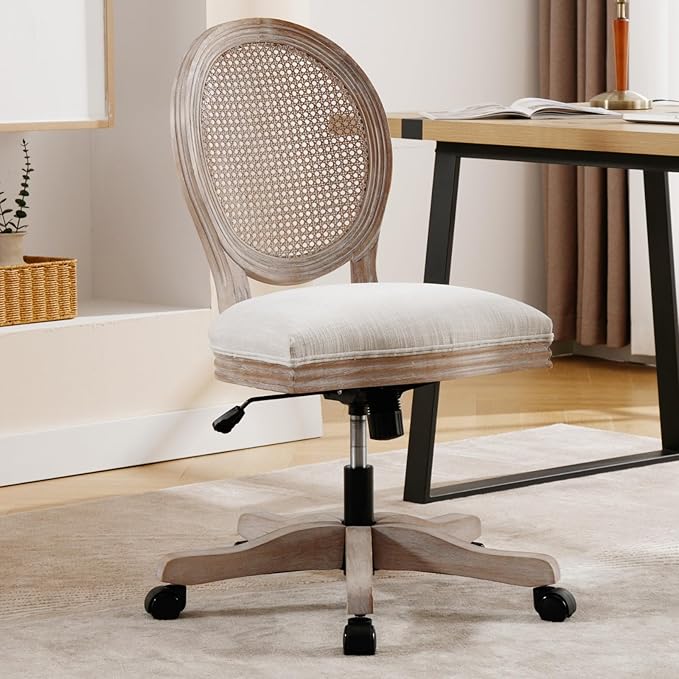 LukeAlon Rattan Back Linen Office Chair, Adjustable Height Swivel Task Chair with Wood Frame Armless Desk Chair with Wheels Upholstered Round Back Vanity Chair for Home Office Study Room, Beige-DeskLoop Office