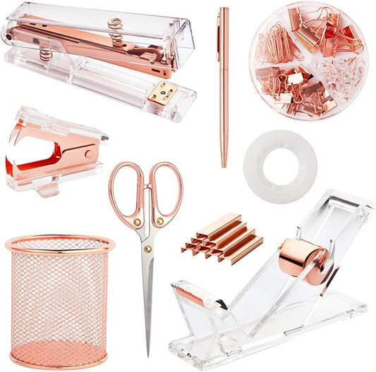Rose Gold Desk Accessories, Office Supplies Set with Acrylic Stapler, Tape Dispenser, Staple Remover, Pen Holder, Scissor, Binder Paper Clips, 1 Ballpoint Pen, 1 Clear Tape and 1000pcs Staples-DeskLoop Office