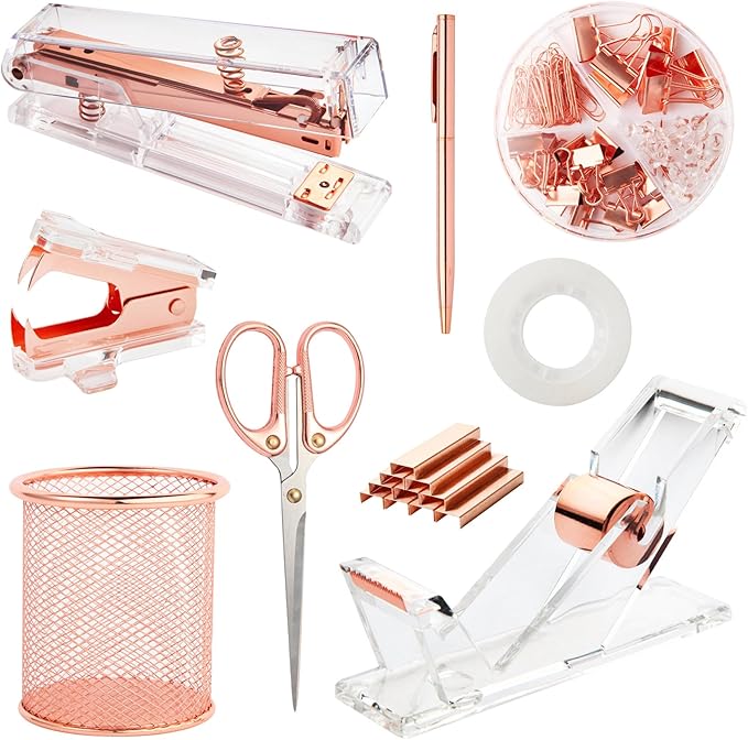 Rose Gold Desk Accessories, Office Supplies Set with Acrylic Stapler, Tape Dispenser, Staple Remover, Pen Holder, Scissor, Binder Paper Clips, 1 Ballpoint Pen, 1 Clear Tape and 1000pcs Staples-DeskLoop Office