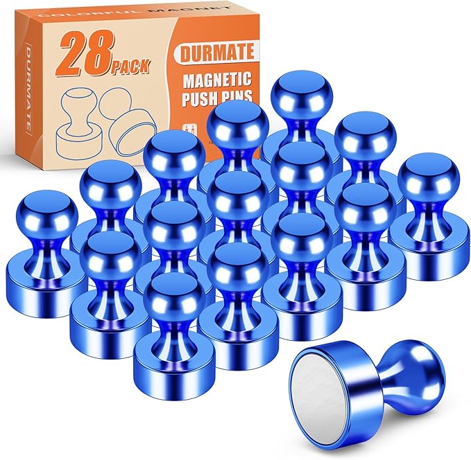 Blue Metal Refrigerator Magnets Strong, Tiny Cute Magnets for Whiteboard, 28 Pack Small Magnetic Push Pins, Magnetic Round Clips Heavy Duty for Kitchen, Office, Crafts, Wall-DeskLoop Office