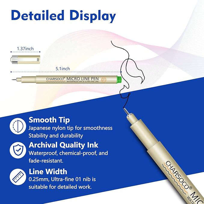 01 Micro Pen, Fine Point Pen with 12 Colors, Waterproof Archival Ink, 0.25mm Fineliner Ink Pens for Artist Illustration, Sketching, Anime, Manga, Technical Drawing and Scrapbooking-DeskLoop Office