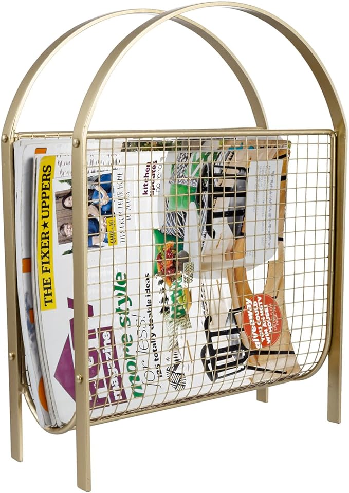 MyGift Mid-Century Design Magazine Rack, Matte Black Tone Metal Mesh Freestanding Magazine Organizer Holder Sling (Brass)-DeskLoop Office