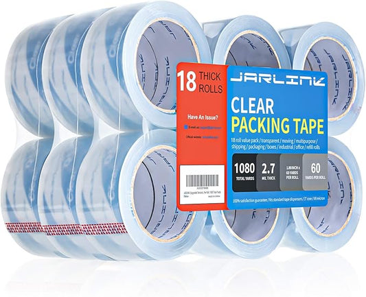 JARLINK Clearer Packing Tape 18 Rolls, Heavy Duty Packaging Tape for Shipping Packaging Moving Sealing, 2.7mil Thick, 1.88 inches Wide, 60 Yards Per Roll, 1080 Total Yards-DeskLoop Office