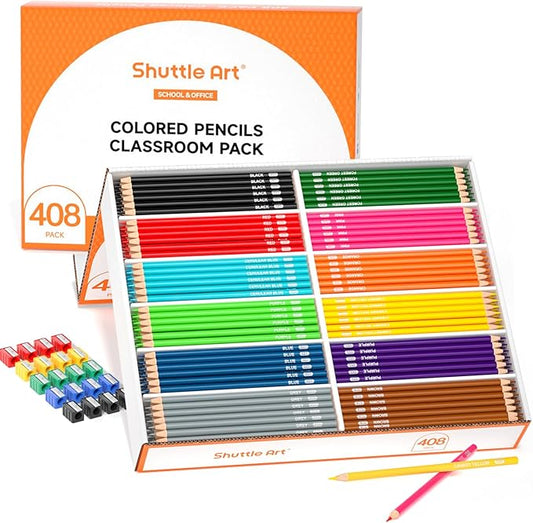 Shuttle Art Colored Pencils Bulk, 408 Pack Coloring Pencil Set Plus 20 Sharpeners, 12 Assorted Colors, Classroom Pack School Supplies-DeskLoop Office
