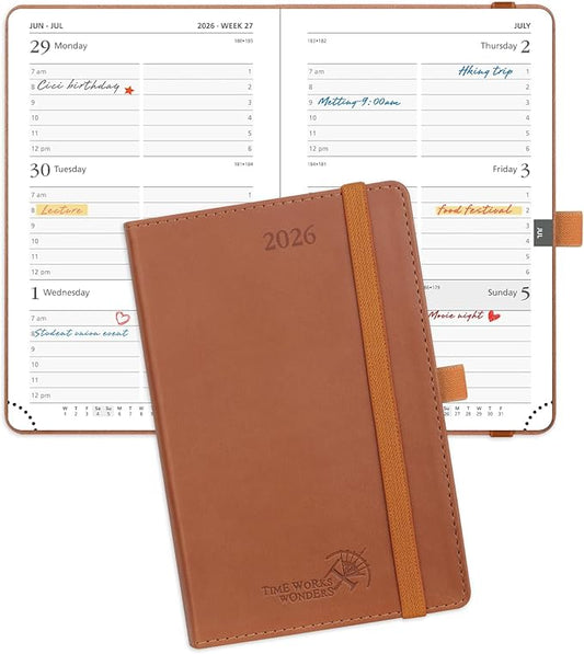 POPRUN Pocket Calendar 2026 (Small Size- 4'' x 6.25") Weekly and Monthly for Purse - Planner 2026 (Jan. 2026 - Dec. 2026) with Vegan Leather Soft Cover, Plastic Ruler, Pen Holder and More - Brown-DeskLoop Office