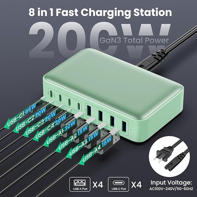 USB C Charger 200W USB C Charger Block GaN III 8-Port Fast Charging Station PD 65W Laptop Charger Adapter Compatible with MacBook Pro/Air,DELL,HP Surface,iPhone 15/14/13,Galaxy S23/22 (G)-DeskLoop Office