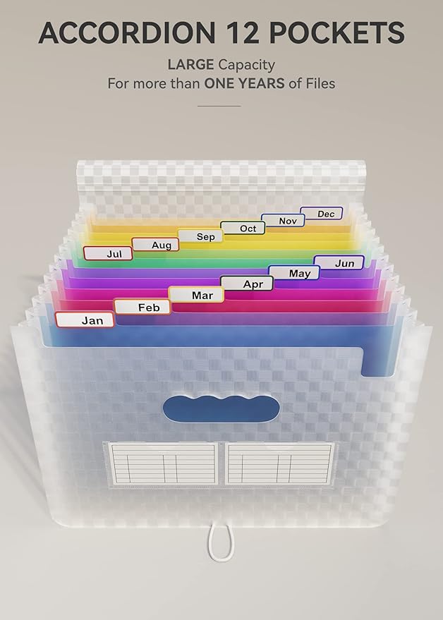 ABC life 12 Pockets Accordion File Organizer Expanding File Folders, Portable Monthly Bill Receipt Document Organizer, Expandable Accordian Filing Folder Letter A4 Size, Colored Tabs (Blue)-DeskLoop Office