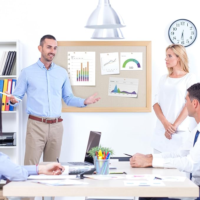 Bulletin Board Cork Board with Linen, 100% Wood Framed 30" x 20" Bulletin Board Decorations, Pin Boards for Walls, Wall Mounted Fabric Picture Board with 10 Pushpins for School, Home & Office, Natural-DeskLoop Office