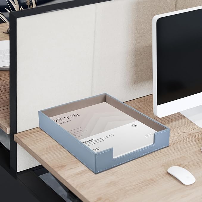 Leather Letter Tray,Stackable File Document Tray,Desk Organizer for Office Supplies,A4 Paper Case Rack,Desktop Organization,Pen Mail Magazine Storage Box (Grey)-DeskLoop Office