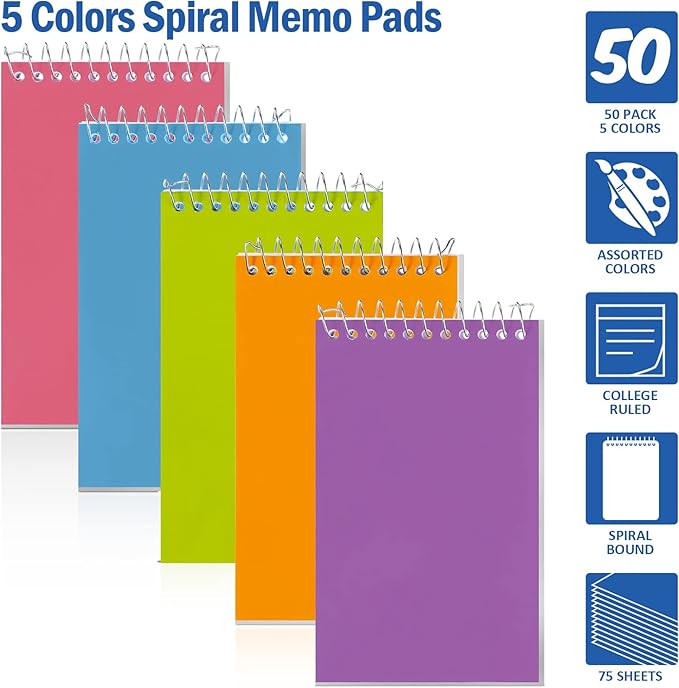 100 Pieces Spiral Memo Pads Bulk 3 x 5 Inch Small Note Pads Top Bound Lined College Ruled Paper Mini Notepad Pocket Spiral Notebooks for School Office Home Supplies, 75 Sheets (Fresh Colors)-DeskLoop Office