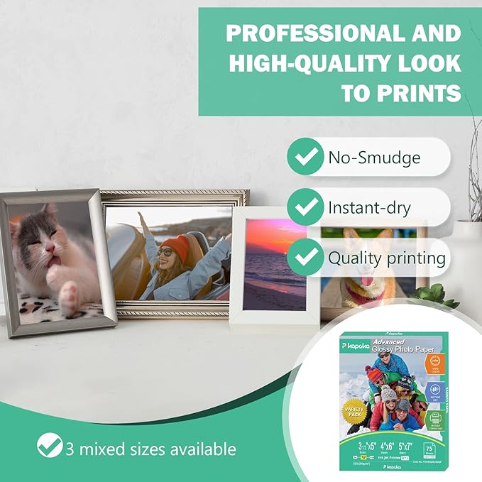 Glossy Photo Paper 3.5x5, 4x6, 5x7, Photo Printer Paper for Inkjet, 75 Variety Pack, Assorted Sizes, 52lb/200gsm-DeskLoop Office