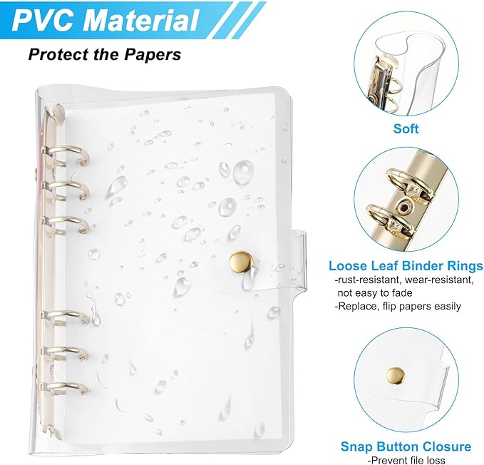 PATIKIL A6 Clear Binder Cover, 2Pcs Soft PVC Loose Leaf Binder Protector Refillable Notebook Shell with Snap Button Closure 6 Ring for DIY Meeting Notebook Folder,Gold Tone and Silver Tone