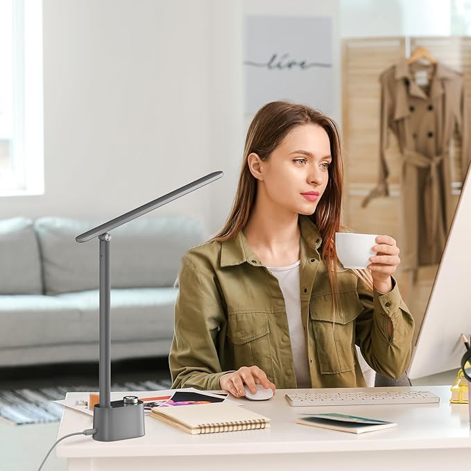 Honeywell Upgraded LED Desk Lamp - H01 Pro Sunturalux™ Foldable Desk Light with USB A+C Charging Port, 3 Color Modes Dimmable Table Lamp for Home Office Reading(Grey)-DeskLoop Office