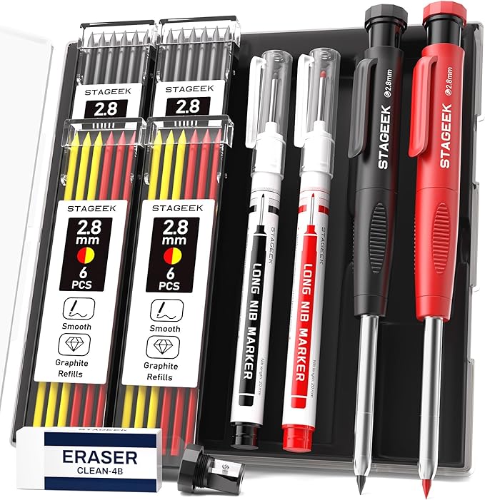 2PCS Carpenter Pencils with Sharpener, Heavy Duty Woodworking Tools, Mechanical Pencil Set with 26 Refills, Deep Hole Long Nib Marker Pens for Architect Marking with Case (Black, Red)-DeskLoop Office